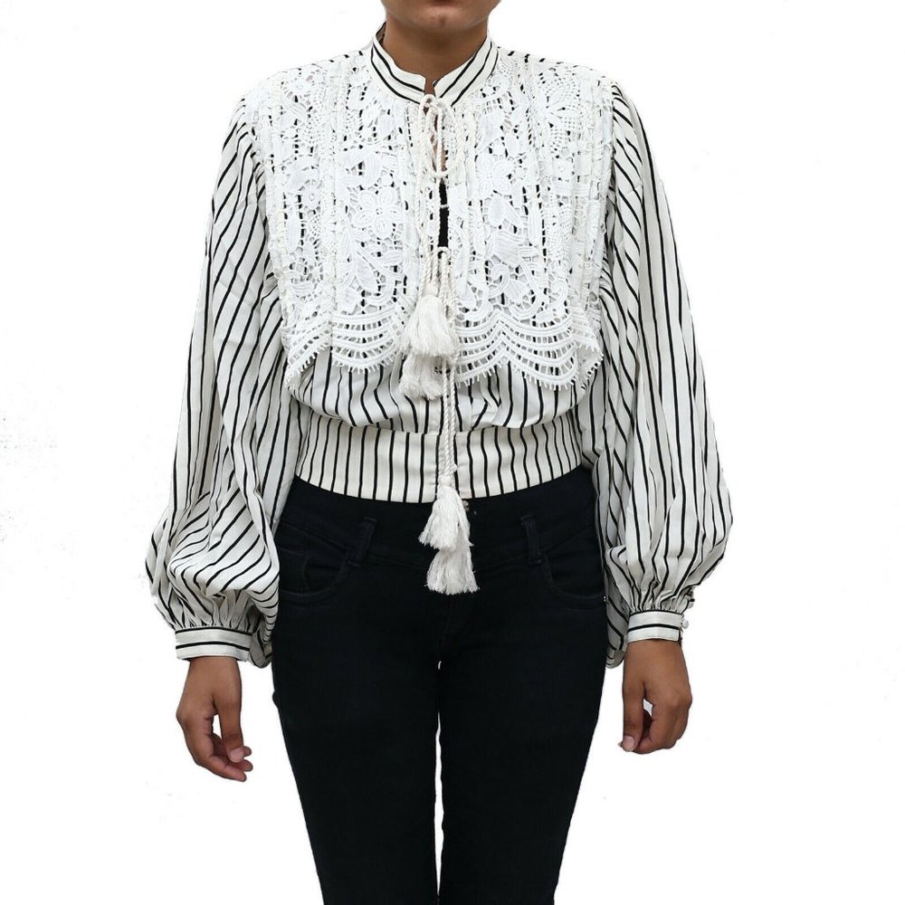 Uterque Stripes Puffed Sleeves Shirt Blouse Top Buttondown Lace S New